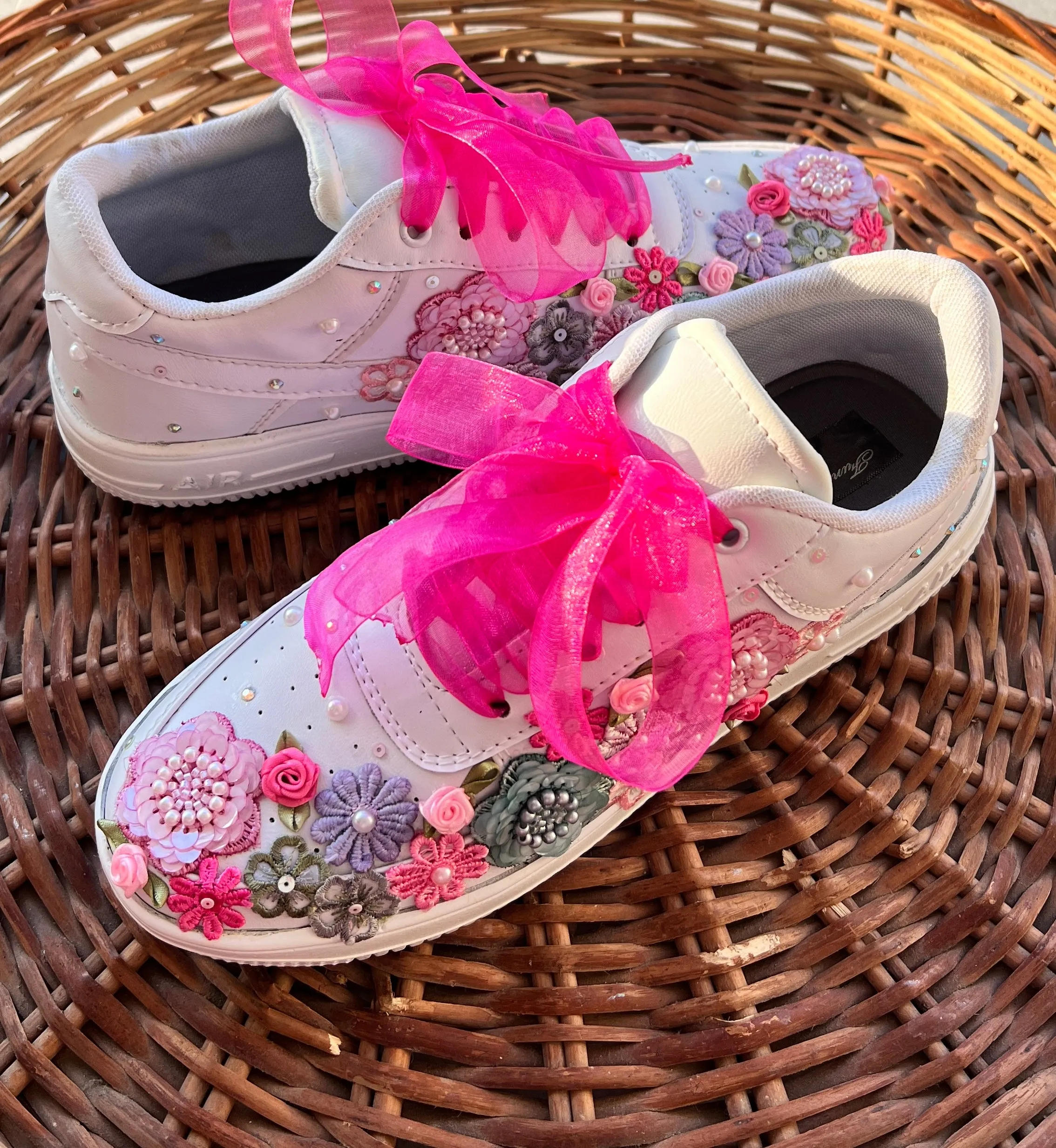 FUNKY N TRENDY hand embroidered floral work sneakers/ white sneakers /bridal shoes / bridal sneakers / floral sneakers/flower shoes /bridesmaid sneakers/ pink shoes / pink sneakers