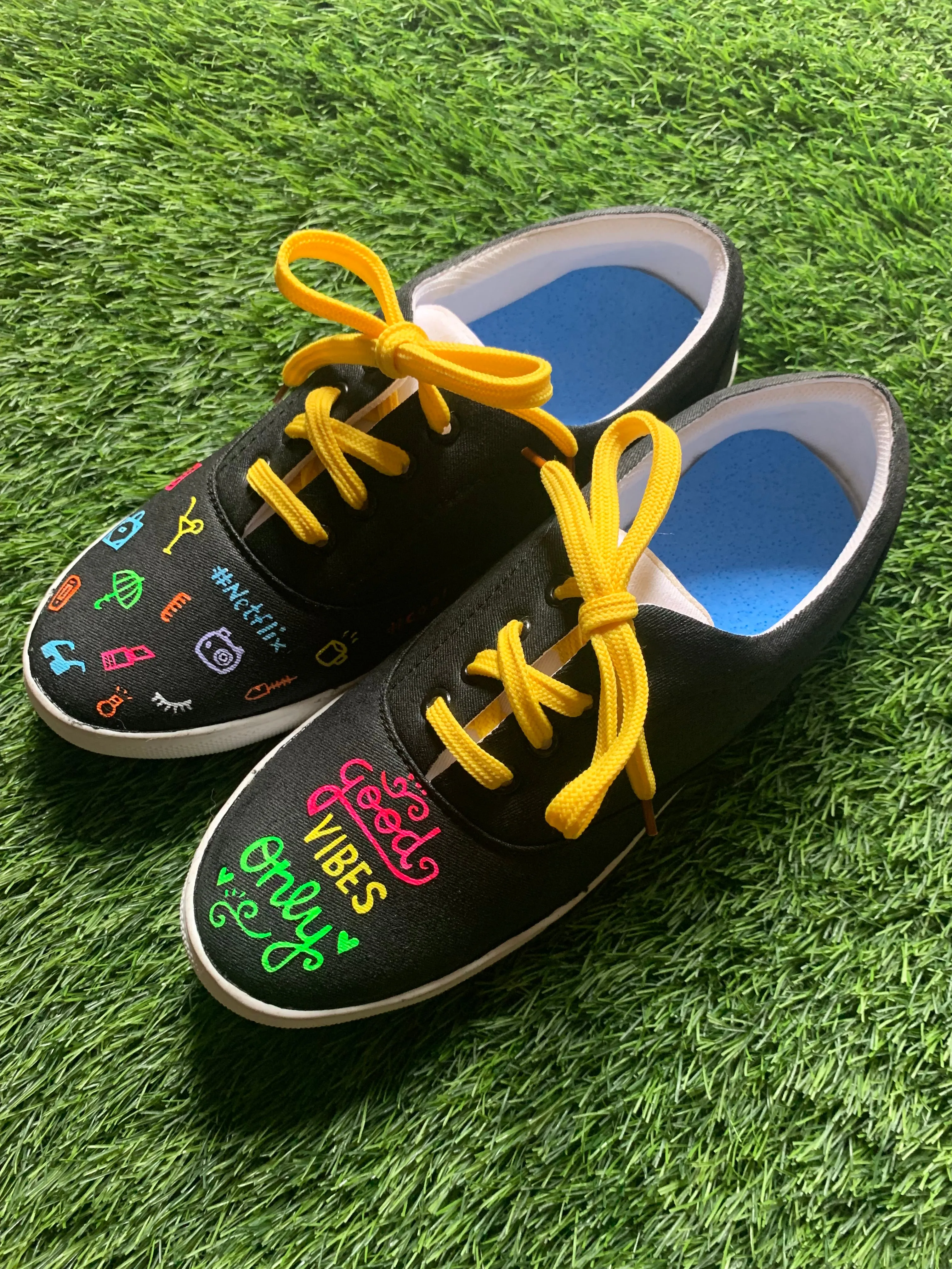 Funky N Trendy hand painted water resistant Good vibes only theme black casual shoes