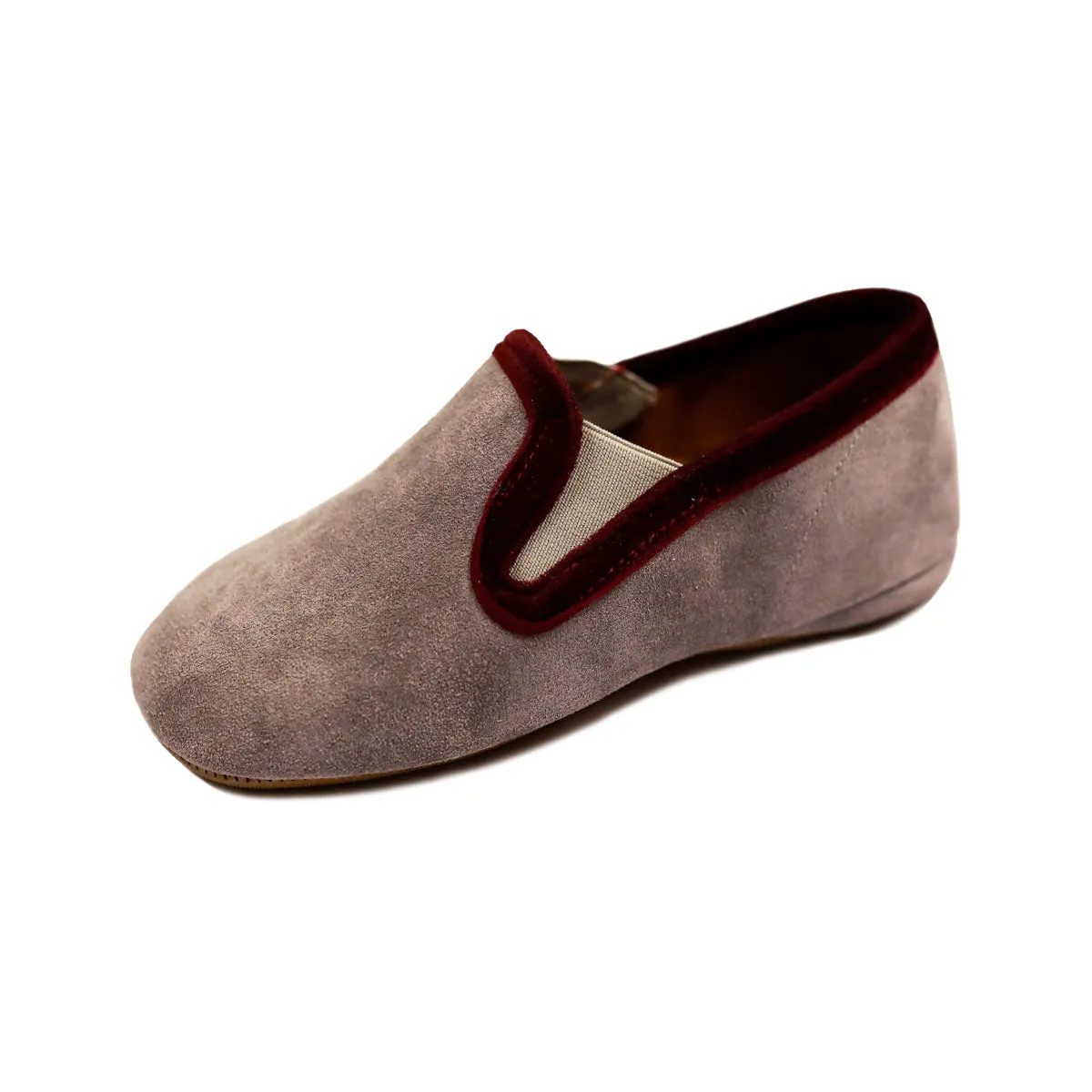 Gray Suede Loafers with Maroon Velvet Trim