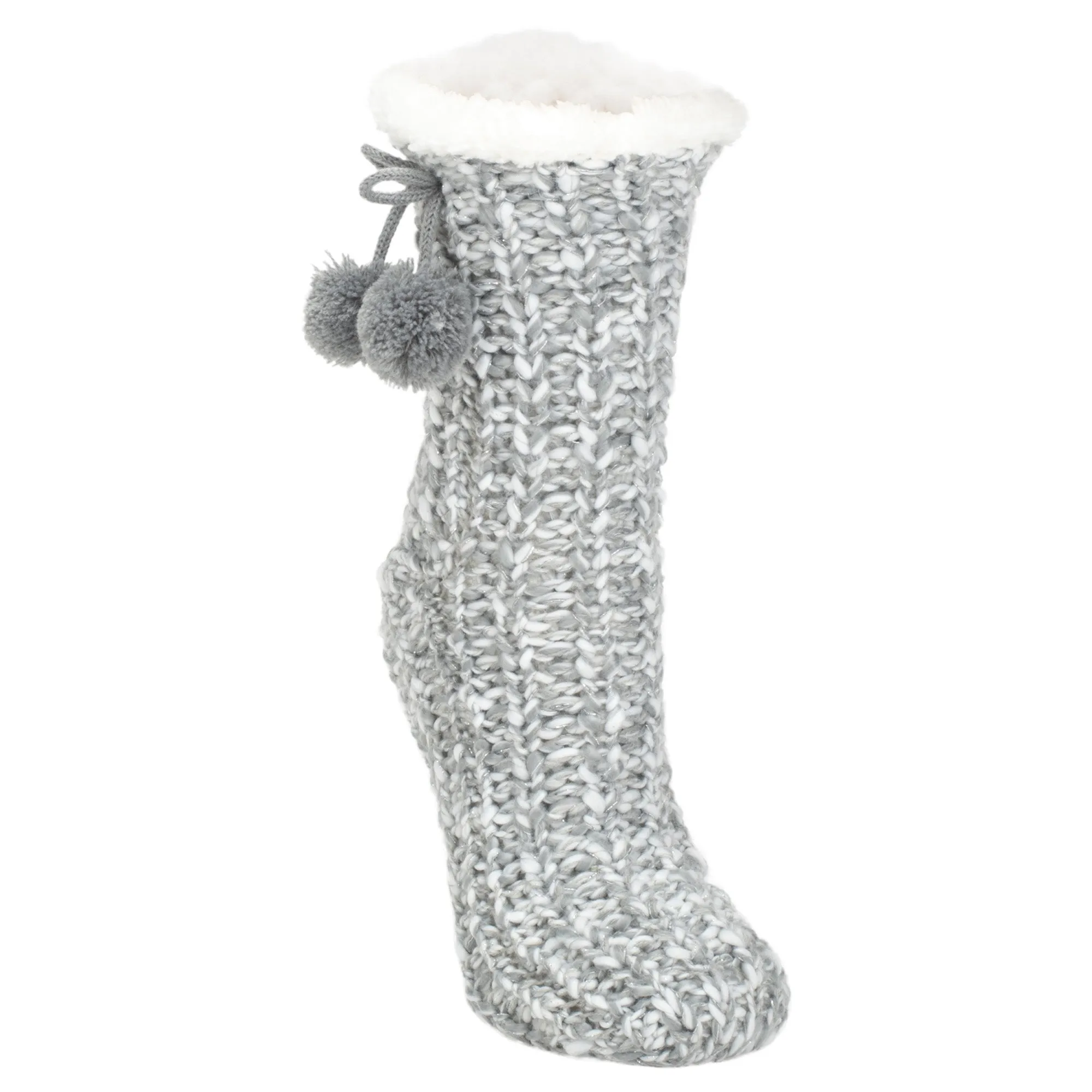 Grey Gold Glitter Knit Pom Pom Womens One Size Plush Lined Non Skid Indoor Slipper Socks