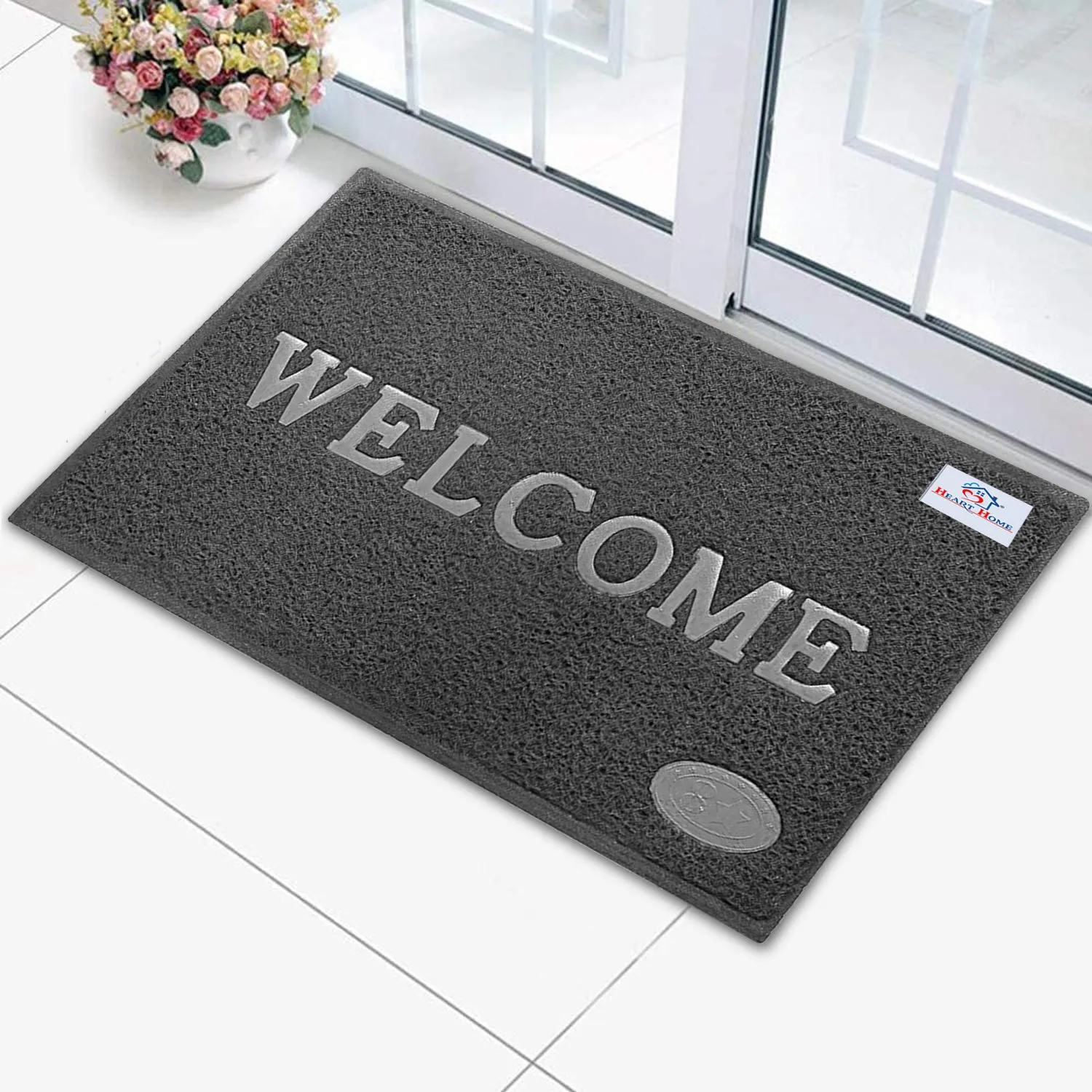 Heart Home Rubber Anti Slip Welcome Door Mat for Home Entrance, Office, Shop (Blue & Grey)-Pack of 2-HHEART15390