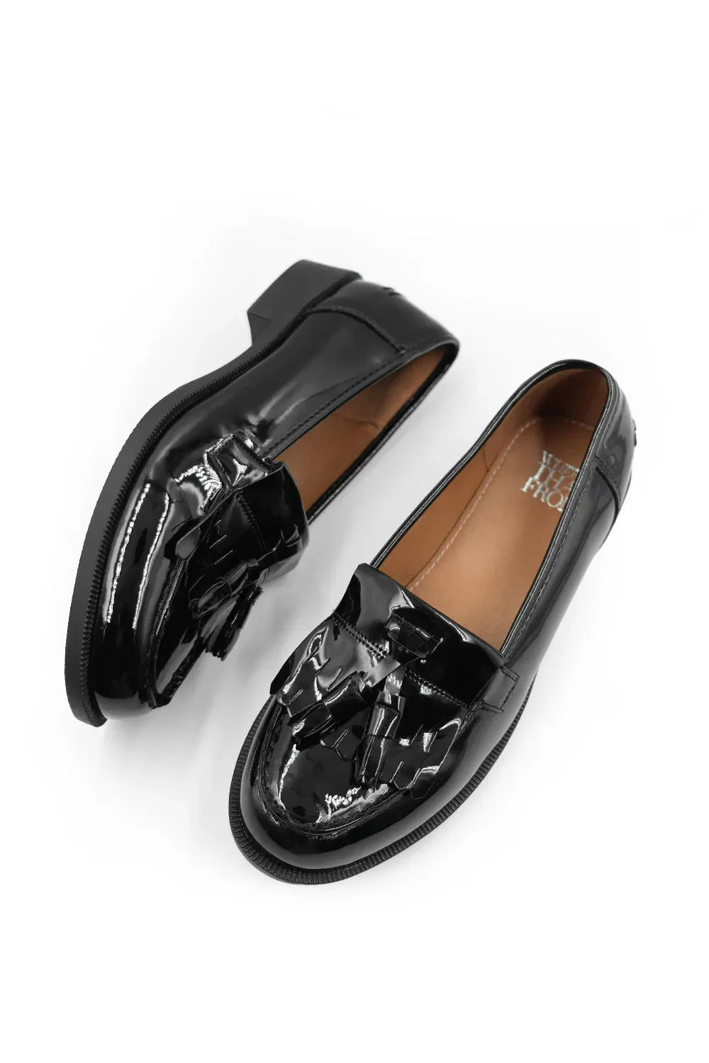 IMOGEN WIDE FIT FLATFORM SLIP ON LOAFERS SHOES WITH TASSLE IN BLACK PATENT