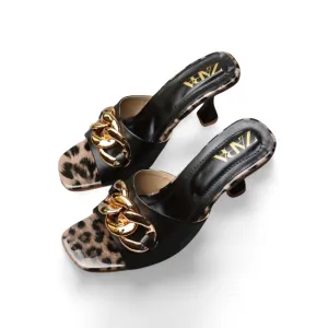 Leopard Print Heel Sandals with Gold Chain Accents