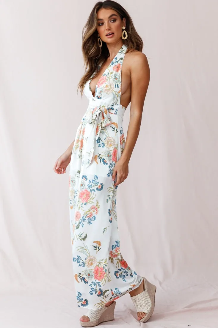 Make Me Halterneck Low Back Jumpsuit Floral Print White