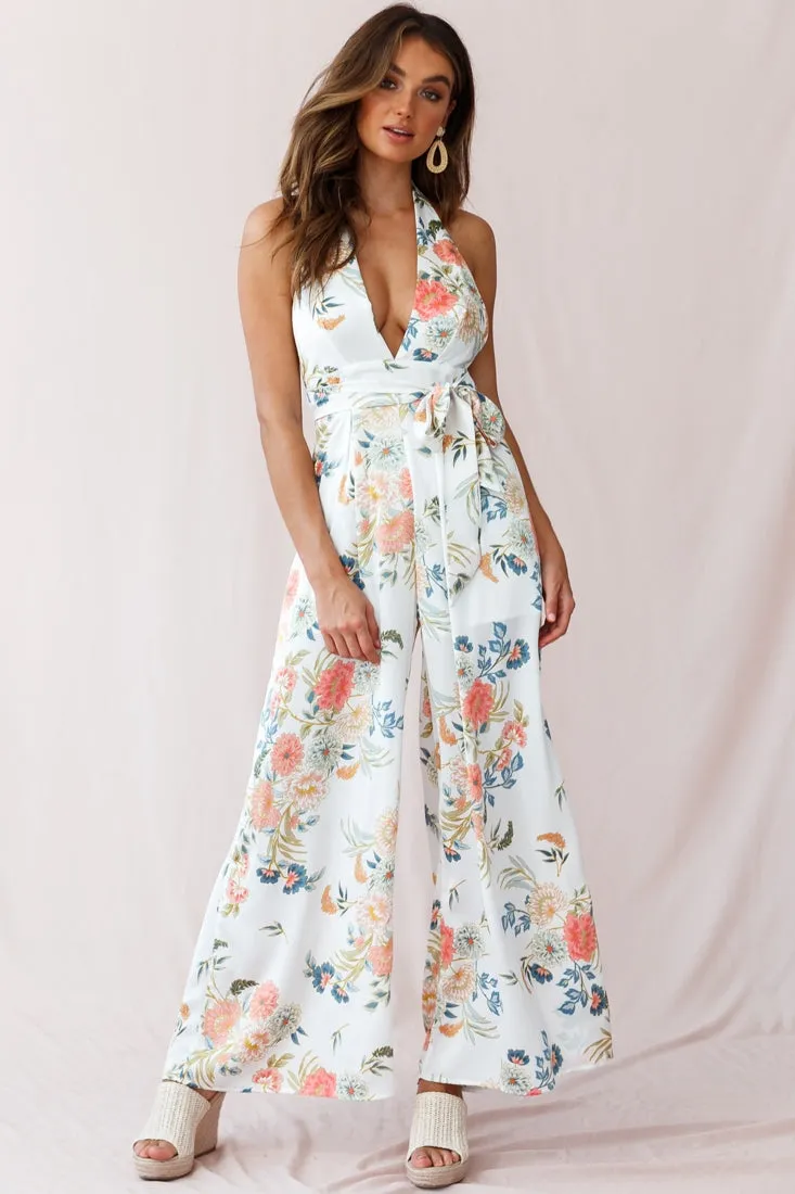 Make Me Halterneck Low Back Jumpsuit Floral Print White