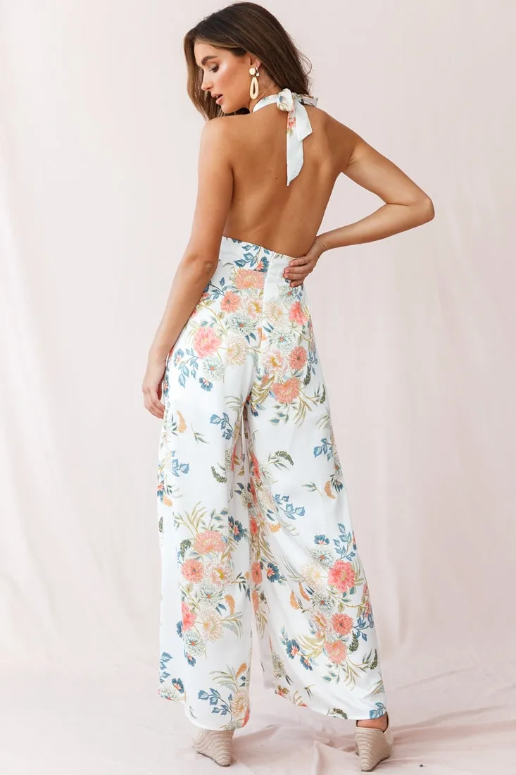 Make Me Halterneck Low Back Jumpsuit Floral Print White