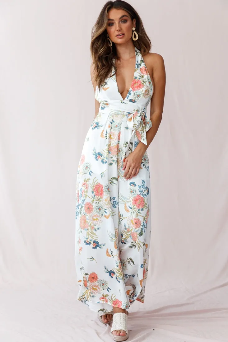 Make Me Halterneck Low Back Jumpsuit Floral Print White