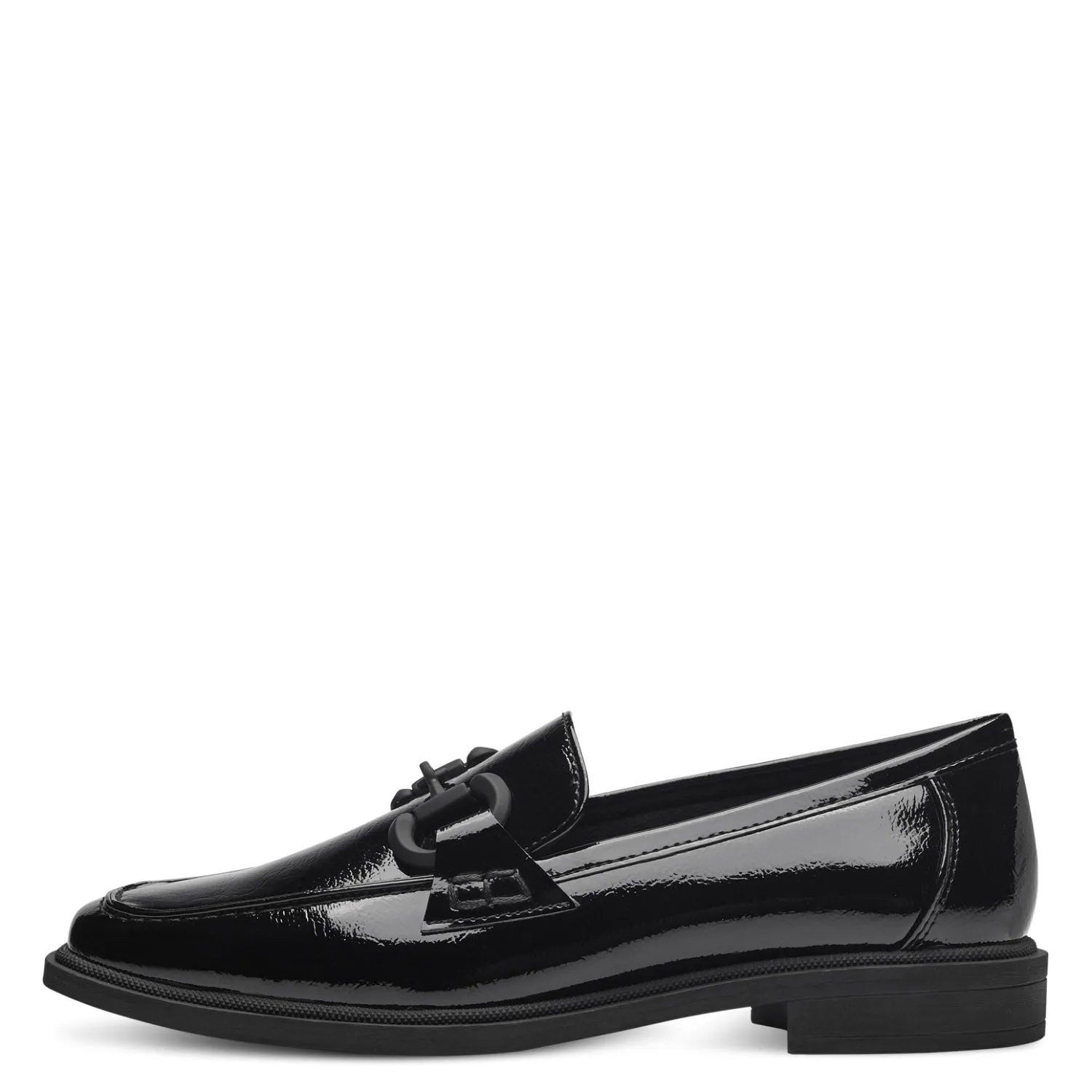 Marco Tozzi Vegan Black Patent Loafers with Chain Detail