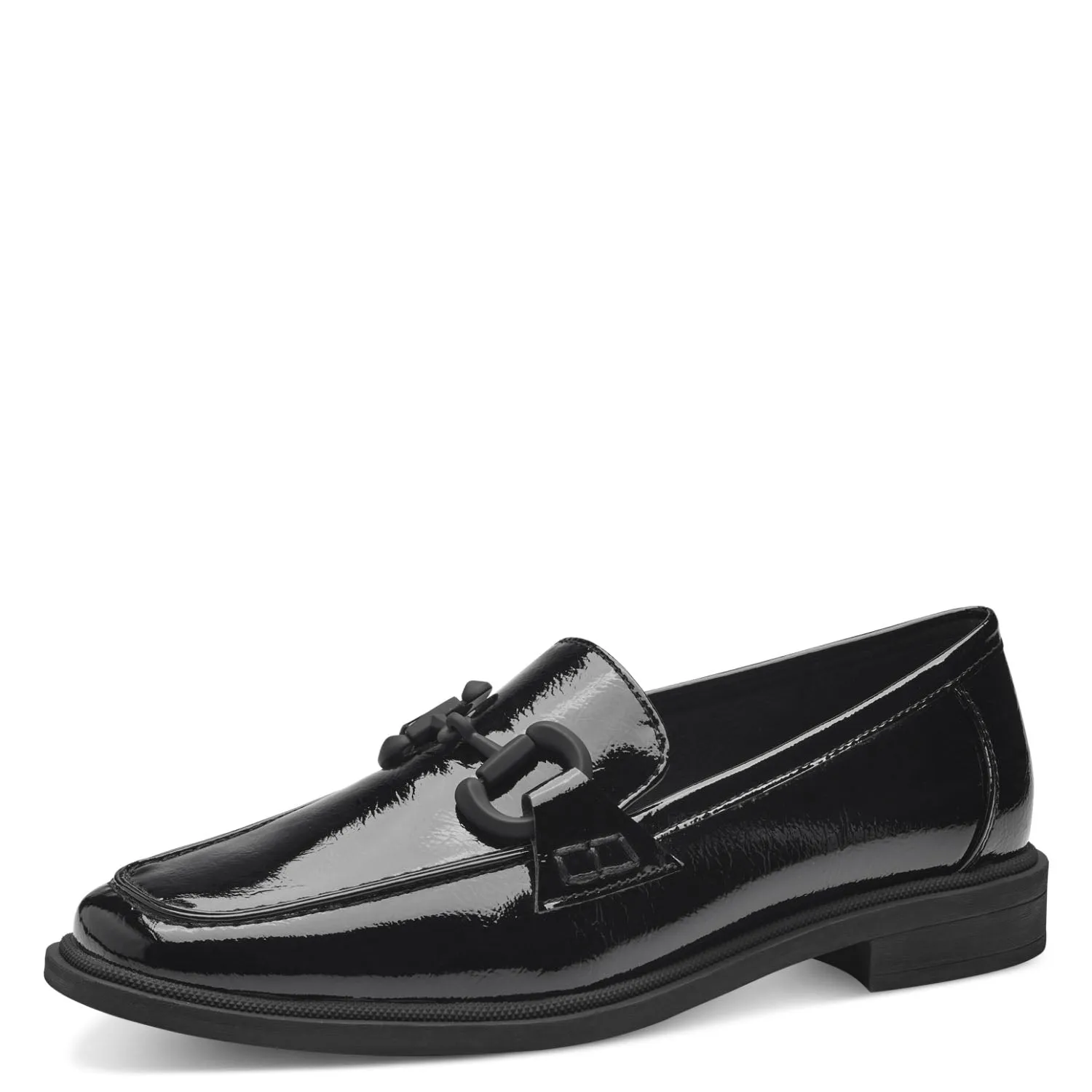 Marco Tozzi Vegan Black Patent Loafers with Chain Detail