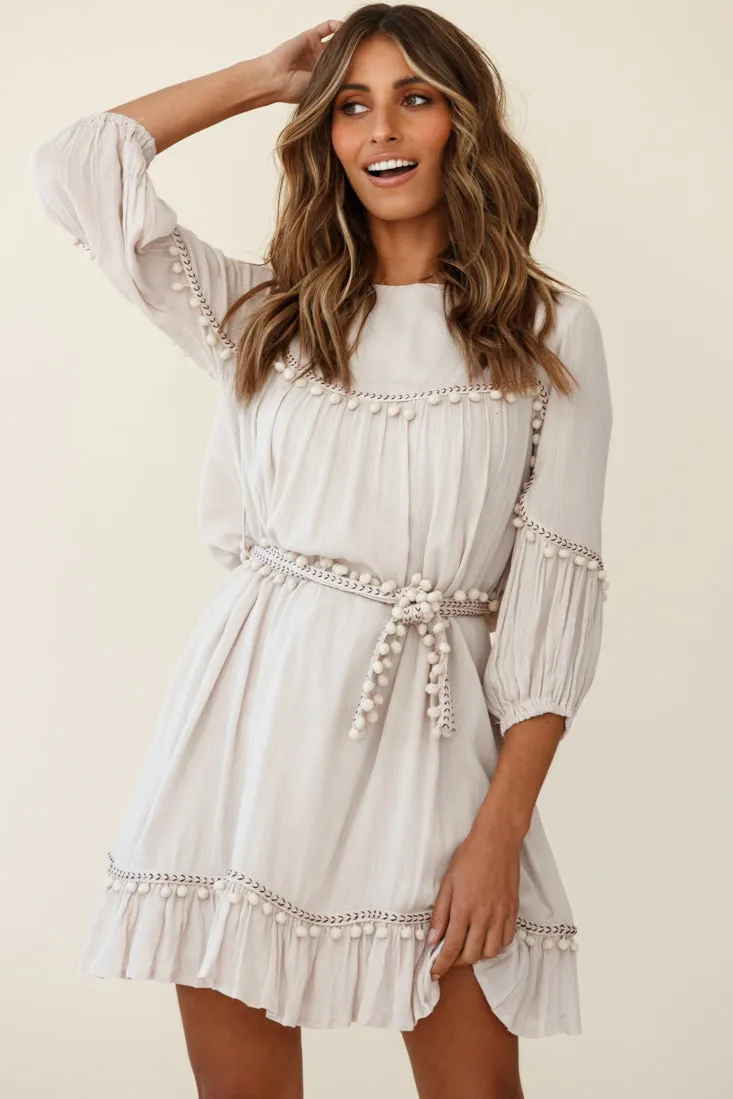 Marionette Three-Quarter Sleeve Pom-Pom Dress Beige