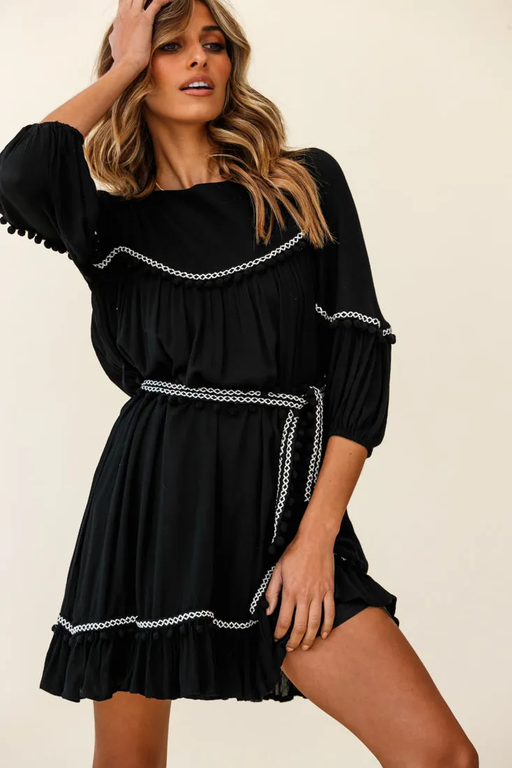 Marionette Three-Quarter Sleeve Pom-Pom Dress Black