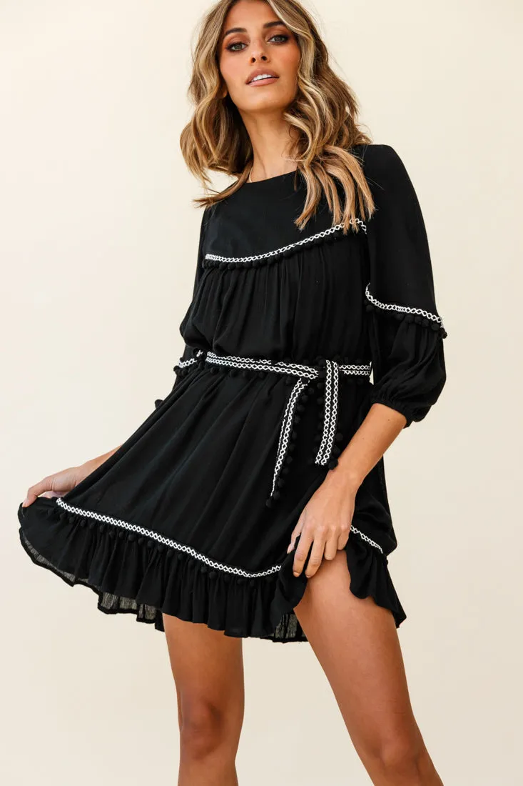 Marionette Three-Quarter Sleeve Pom-Pom Dress Black