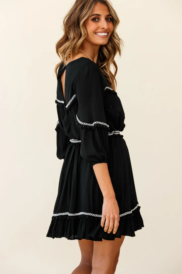 Marionette Three-Quarter Sleeve Pom-Pom Dress Black