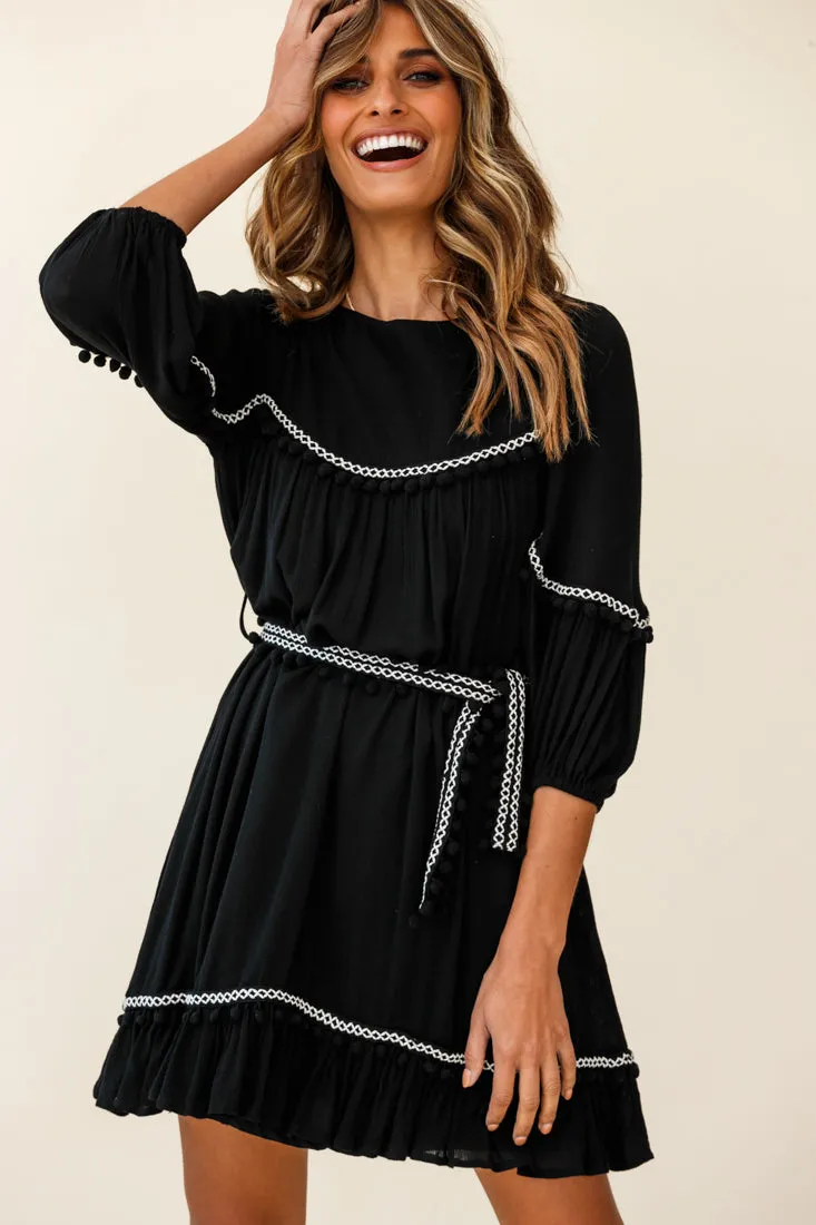 Marionette Three-Quarter Sleeve Pom-Pom Dress Black