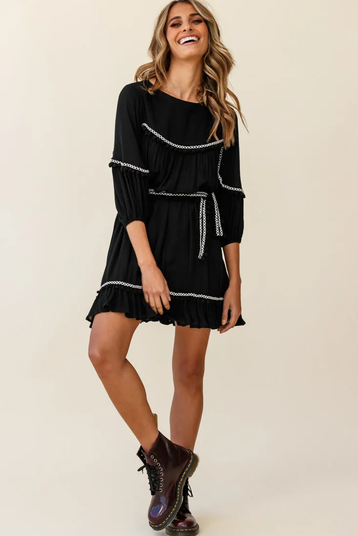 Marionette Three-Quarter Sleeve Pom-Pom Dress Black