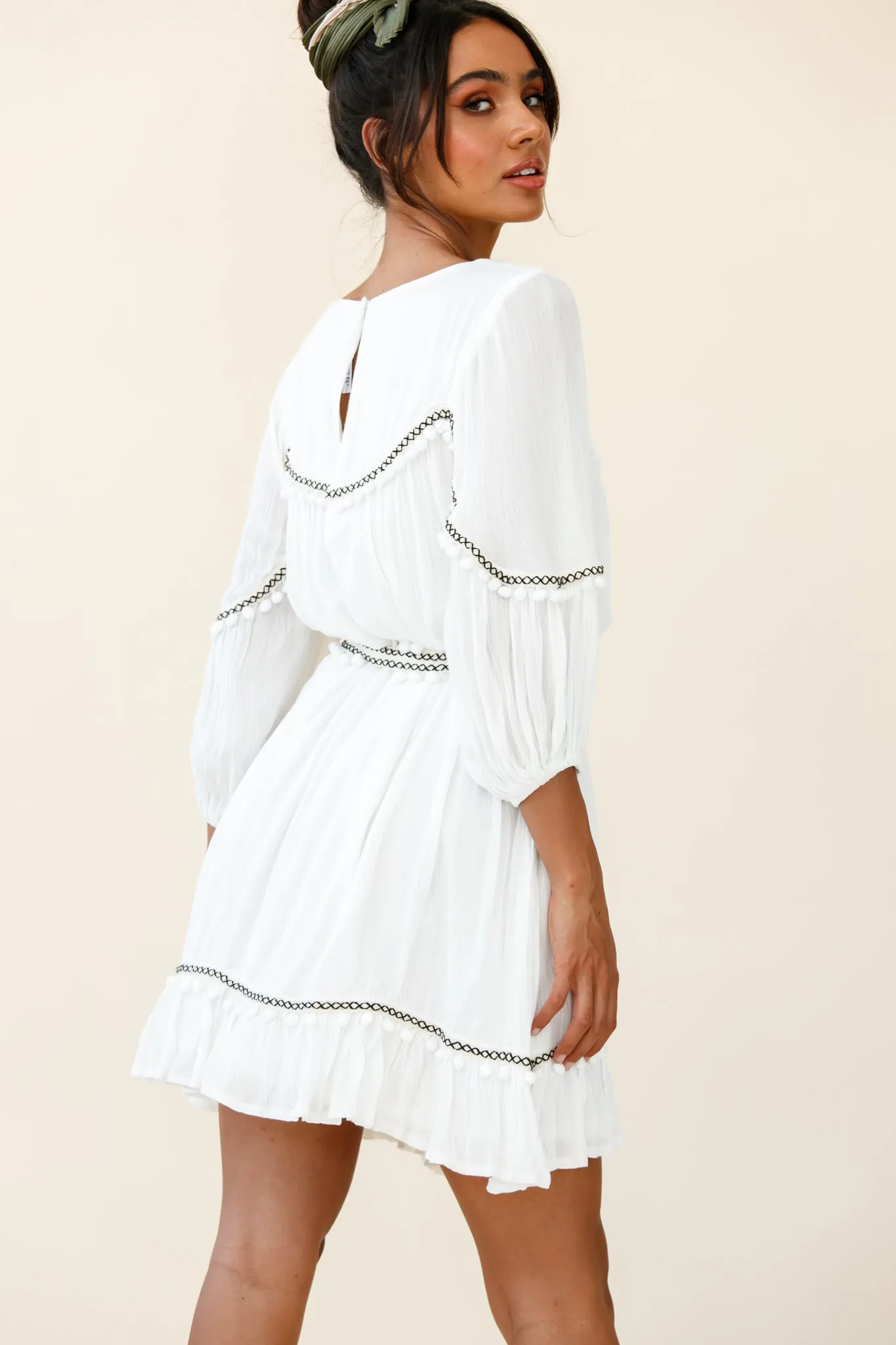 Marionette Three-Quarter Sleeve Pom-Pom Dress White