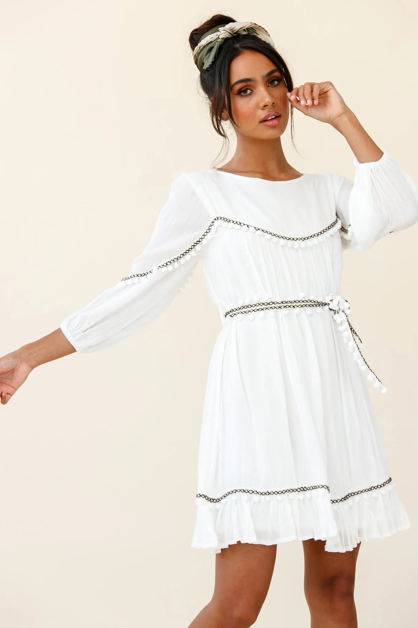 Marionette Three-Quarter Sleeve Pom-Pom Dress White