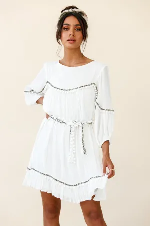 Marionette Three-Quarter Sleeve Pom-Pom Dress White