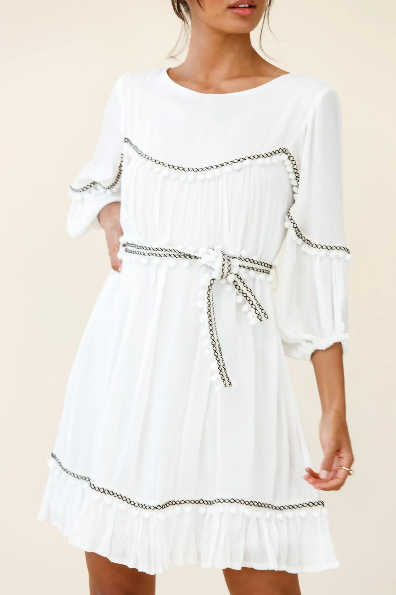 Marionette Three-Quarter Sleeve Pom-Pom Dress White