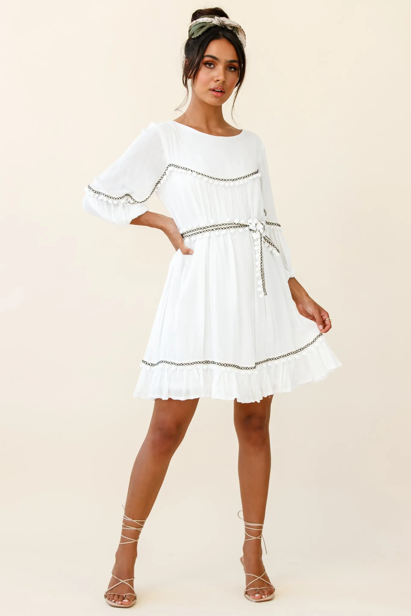 Marionette Three-Quarter Sleeve Pom-Pom Dress White