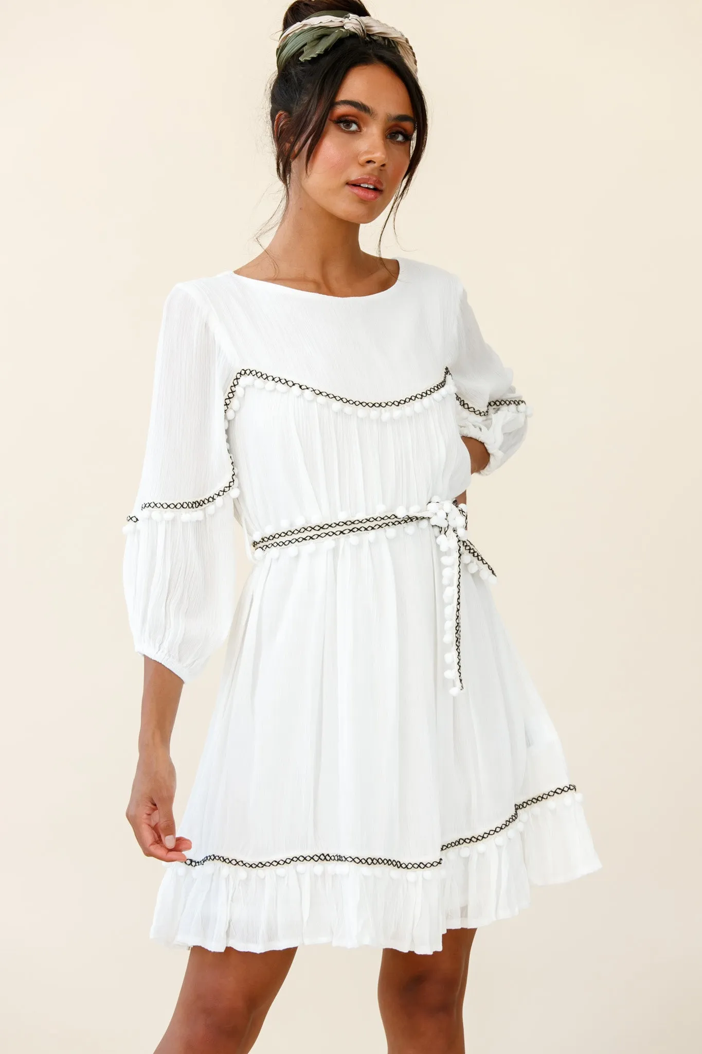 Marionette Three-Quarter Sleeve Pom-Pom Dress White