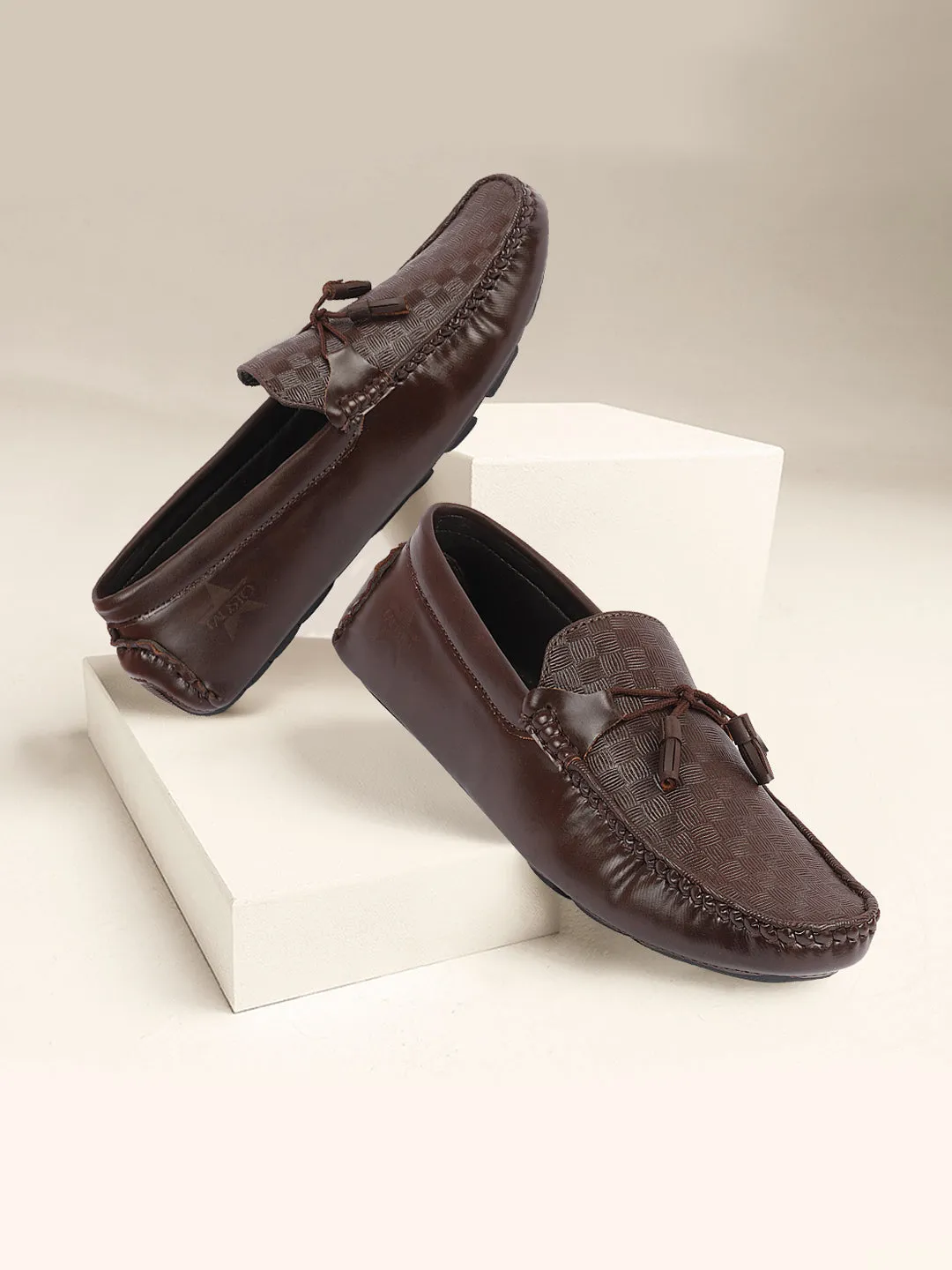 Men Brown Textured Design Casual Tassel Slip On Driving Loafer and Moccasins