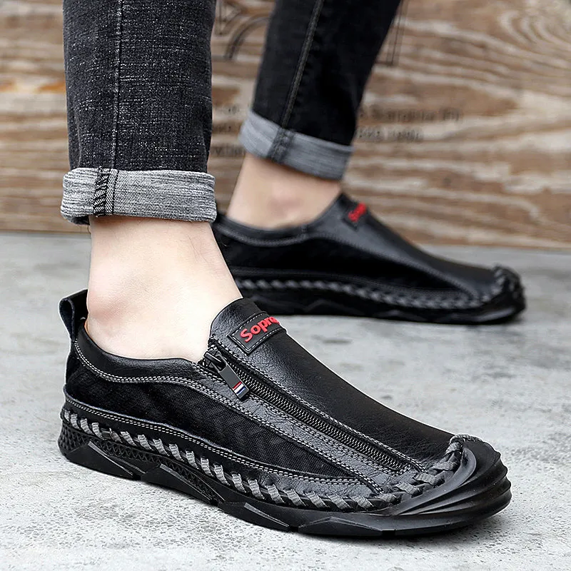 Men's Casual Moccasins Loafers Breathable Zipper Leather Shoes | 90888