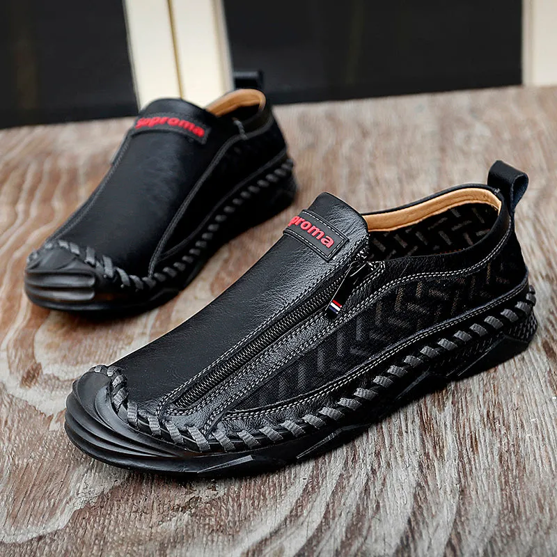 Men's Casual Moccasins Loafers Breathable Zipper Leather Shoes | 90888