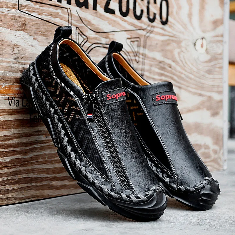 Men's Casual Moccasins Loafers Breathable Zipper Leather Shoes | 90888