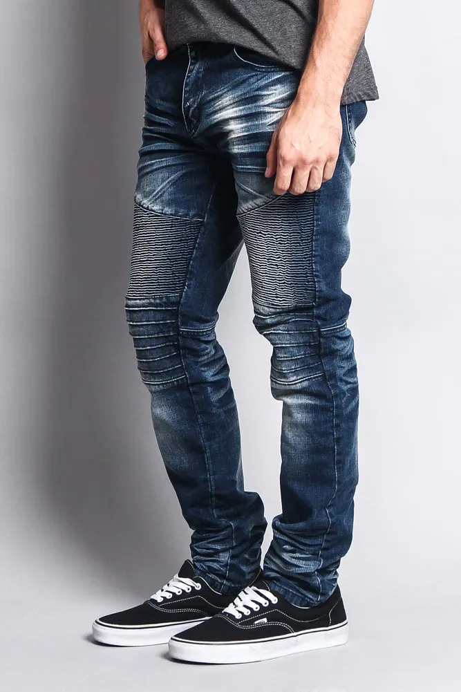 Men's Washed Biker Twill Denim Jeans