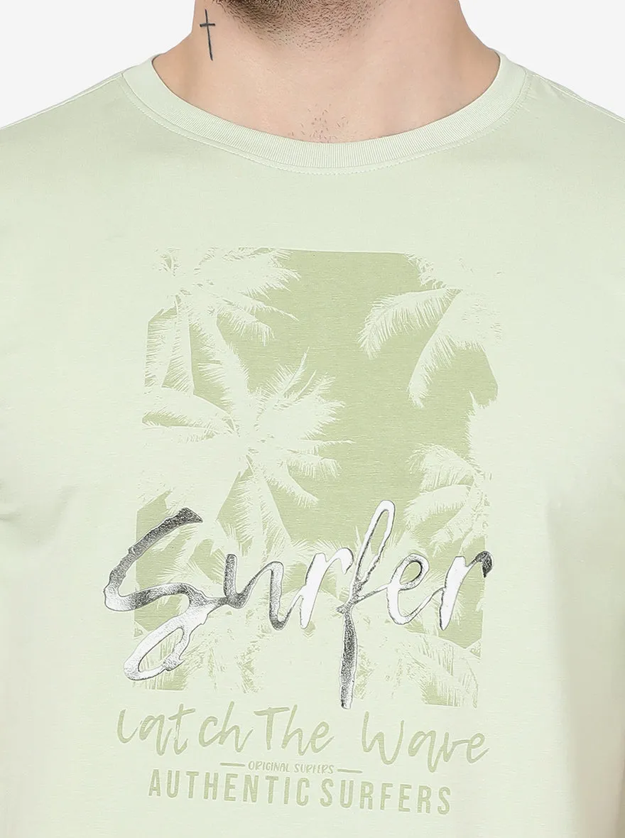 Mint Green Printed Slim Fit T-Shirt | JadeBlue