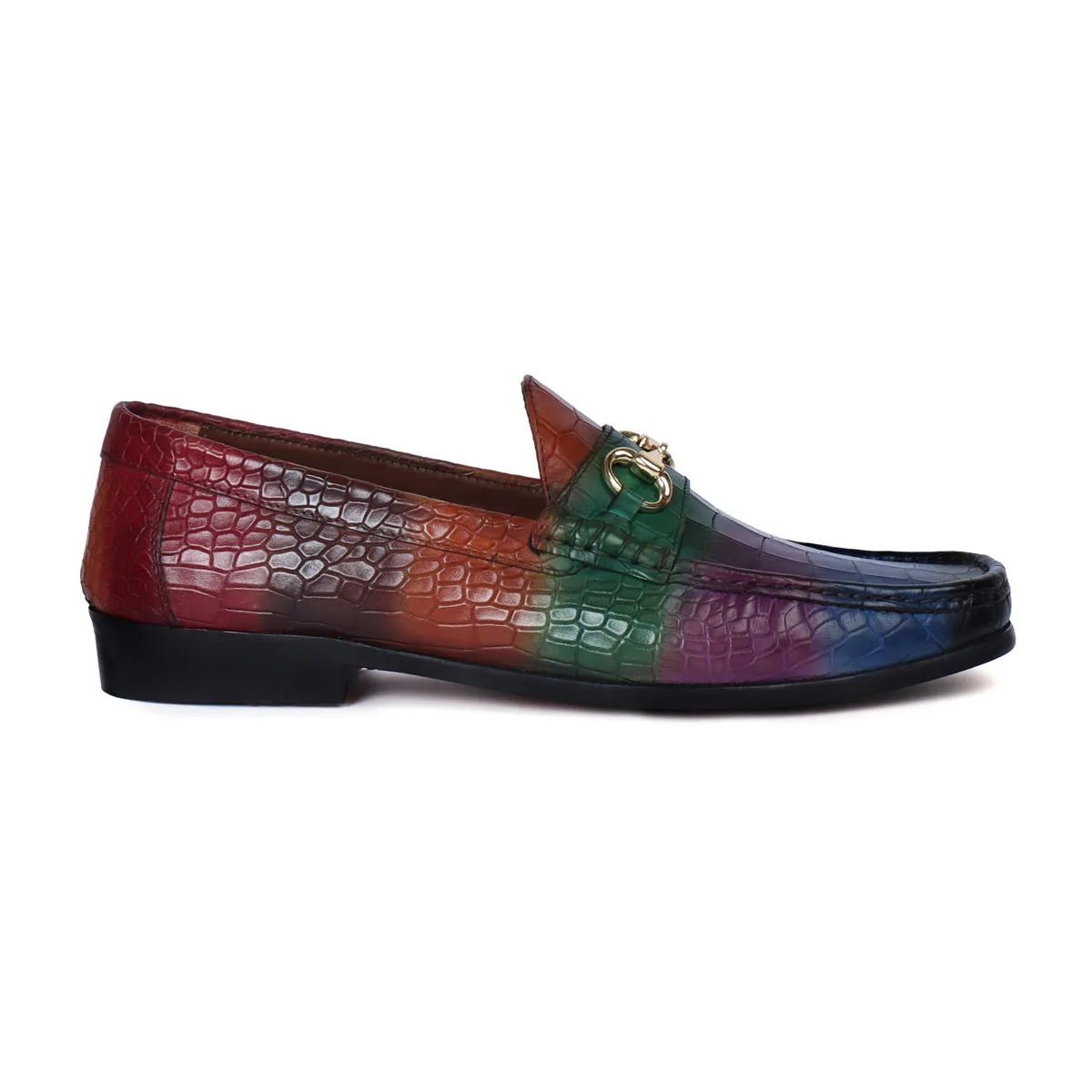 Multi Colored Leather Loafer in Deep Cut Croco Textured Horse-bit Buckle