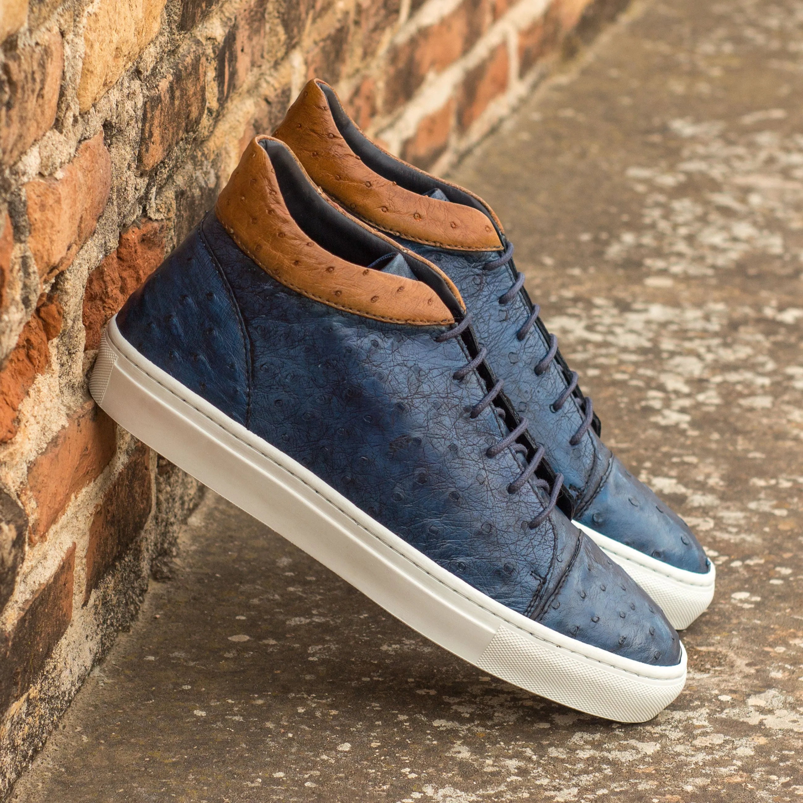 Navy & Cognac Ostrich High-Top Sneakers