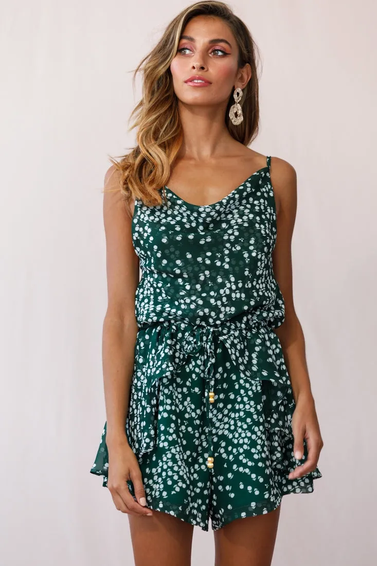 Newport Cowl Neck Drawstring Waist Floral Print Romper Forest Green