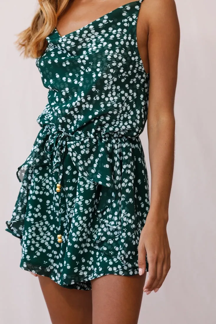 Newport Cowl Neck Drawstring Waist Floral Print Romper Forest Green