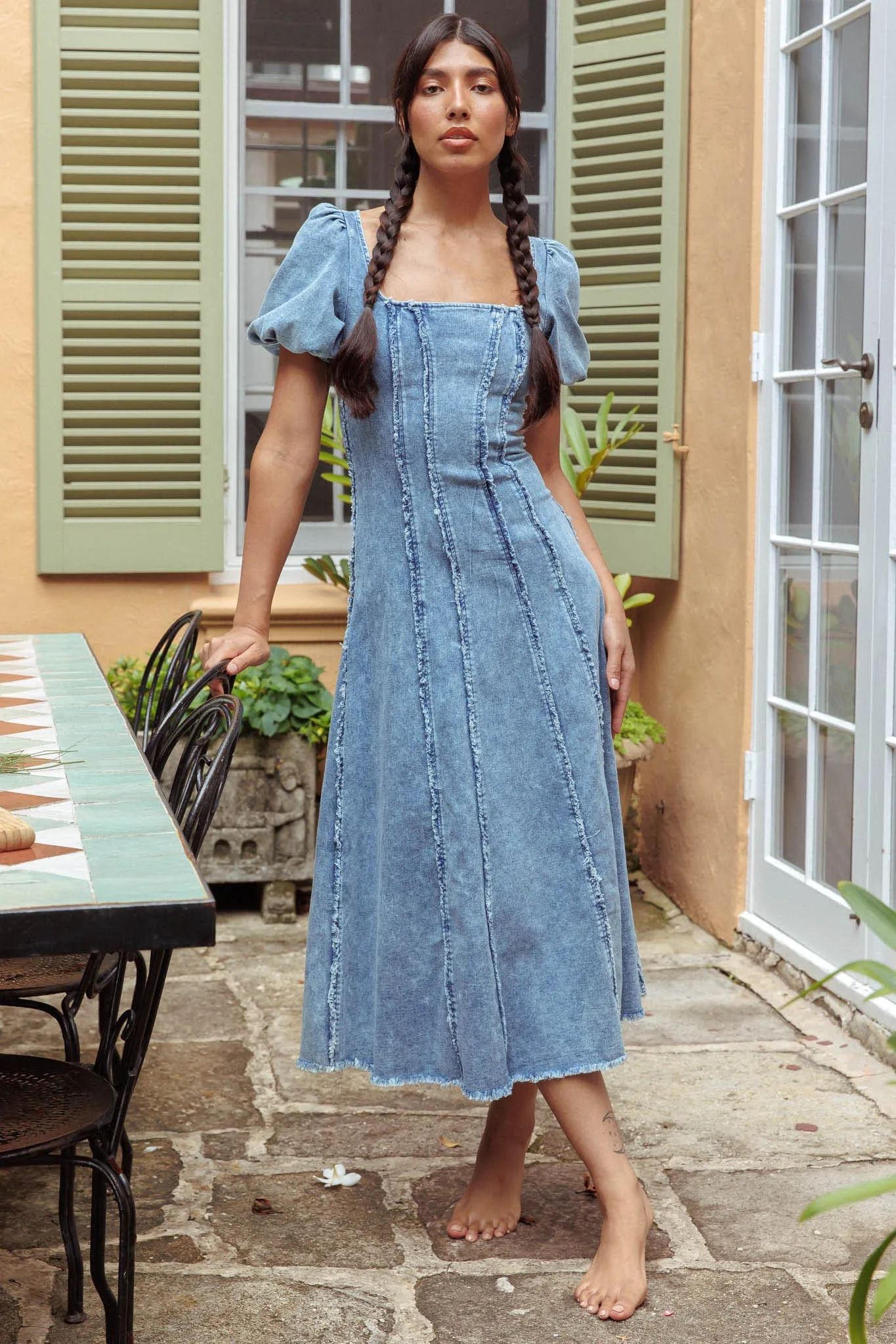 Northern Sky Fringe Puff Sleeve Midi Dress Denim Blue