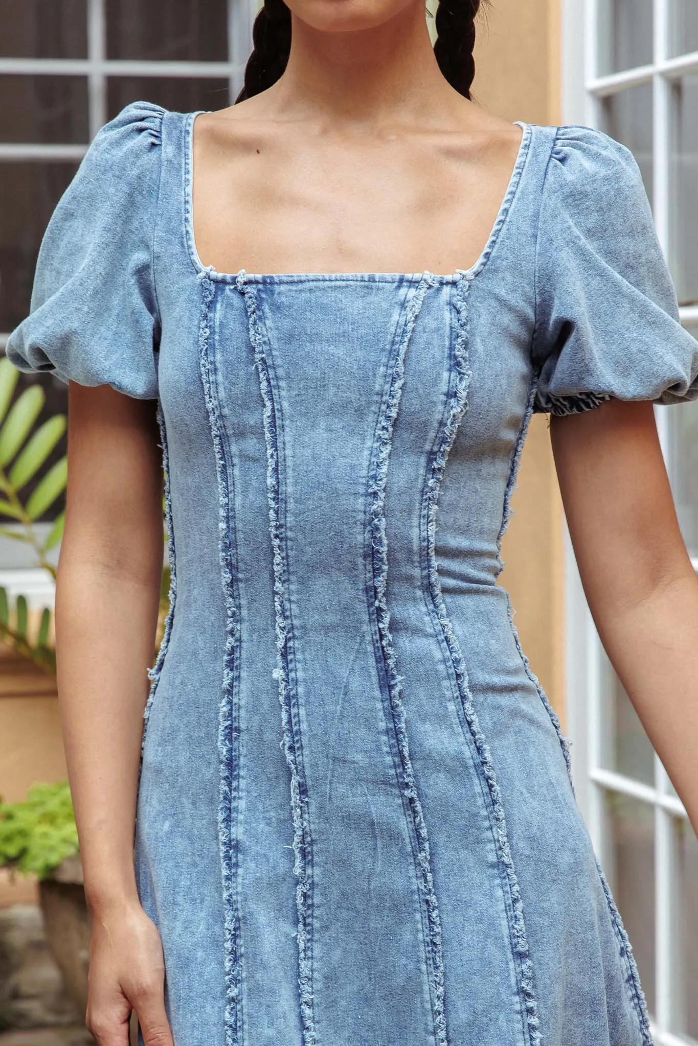 Northern Sky Fringe Puff Sleeve Midi Dress Denim Blue