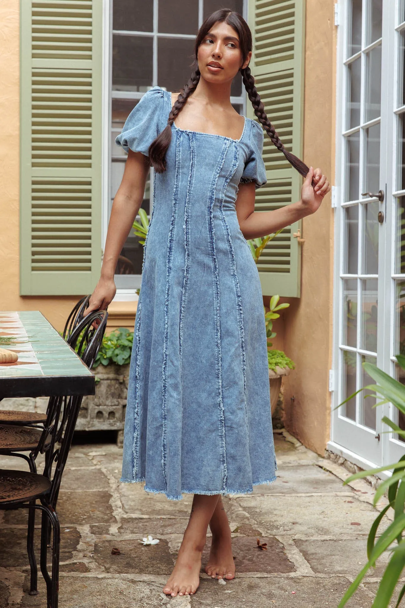 Northern Sky Fringe Puff Sleeve Midi Dress Denim Blue