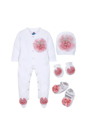 Pearls Detailing Crown Sleepsuit With Shoes Set