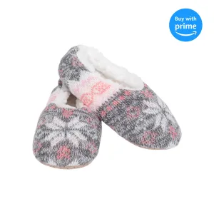 Pink Grey Nordic Snow Womens Plush Lined Cozy Non Slip Indoor Soft Slippers - Small