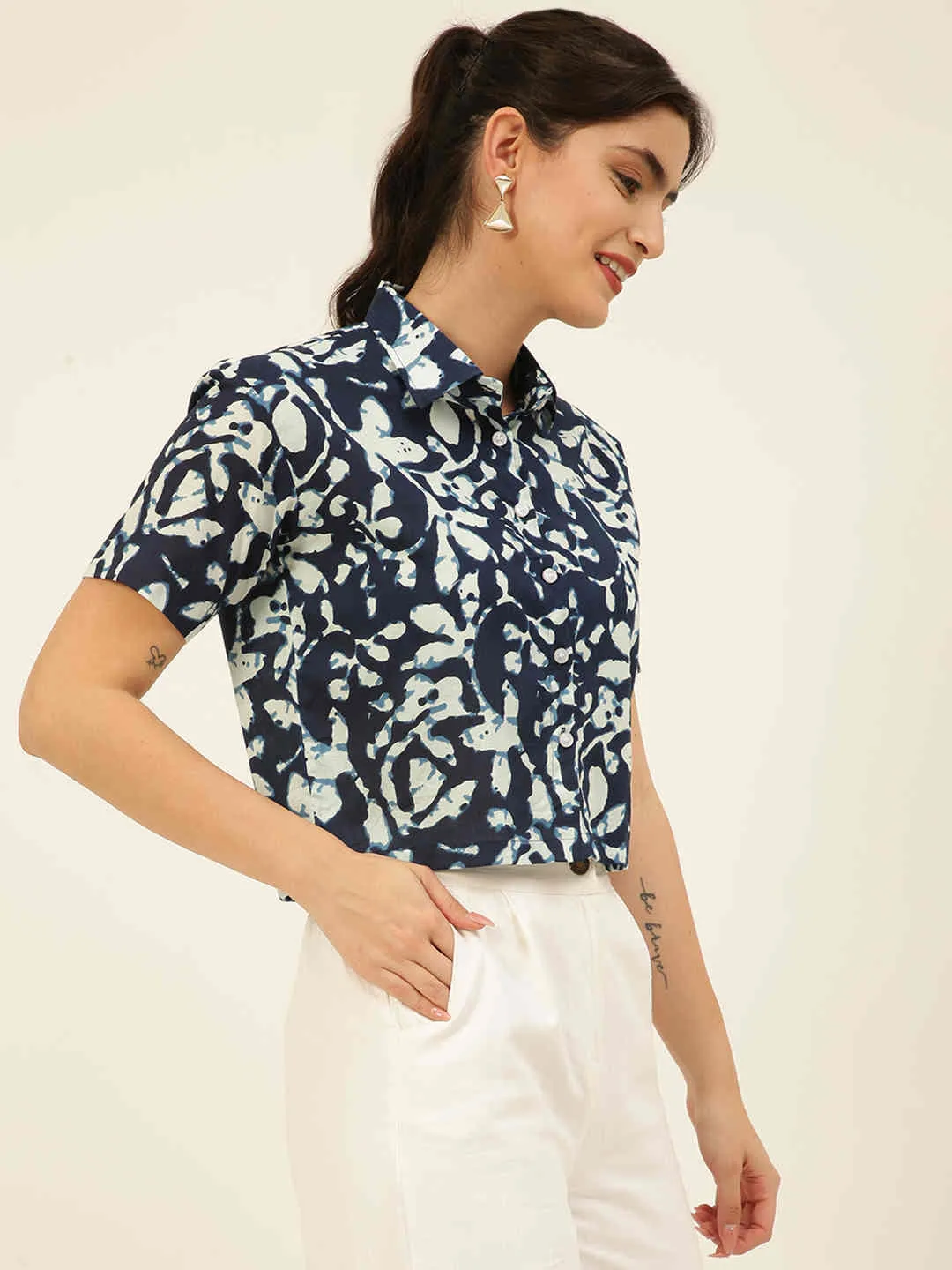 Premium Indigo Blue Motifs HandBlock Printed Cotton Crop Shirt