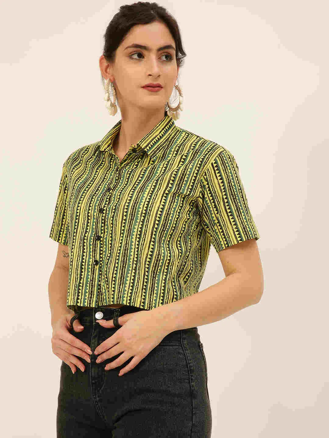 Premium Yellow & Black Stripes HandBlock Printed Cotton Crop Shirt