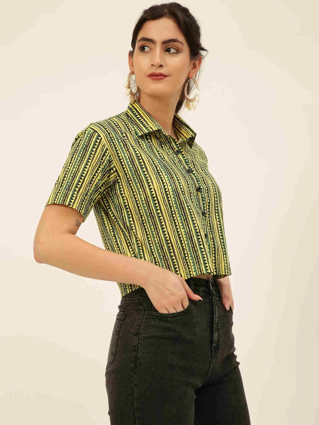 Premium Yellow & Black Stripes HandBlock Printed Cotton Crop Shirt