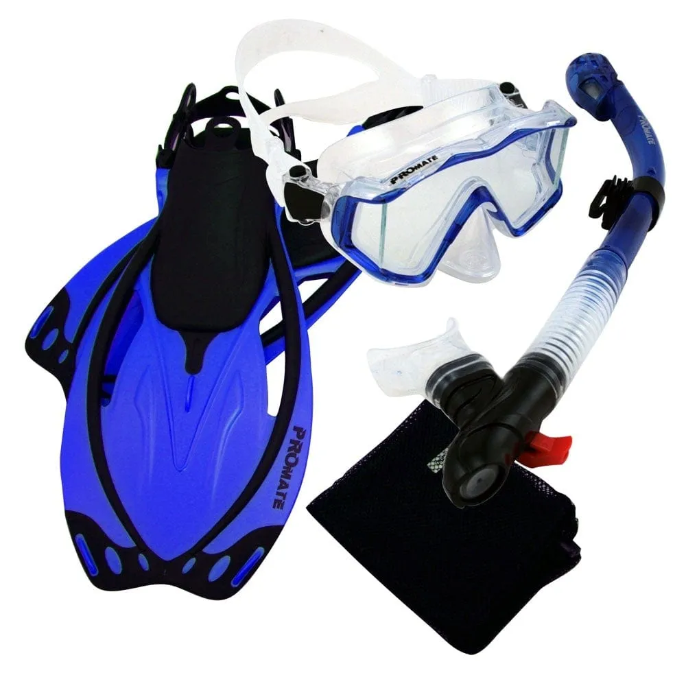 PROMATE Snorkeling Scuba Dive Panoramic PURGE Mask Dry Snorkel Fins Gear Set - SCS0092