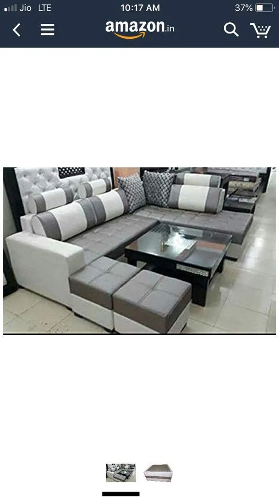 QUALITY ASSURE FURNITURE Maharajah-P L Shape Sofa Set with Center Table and 2 Puffy (Standard Size, Cream and Grey)