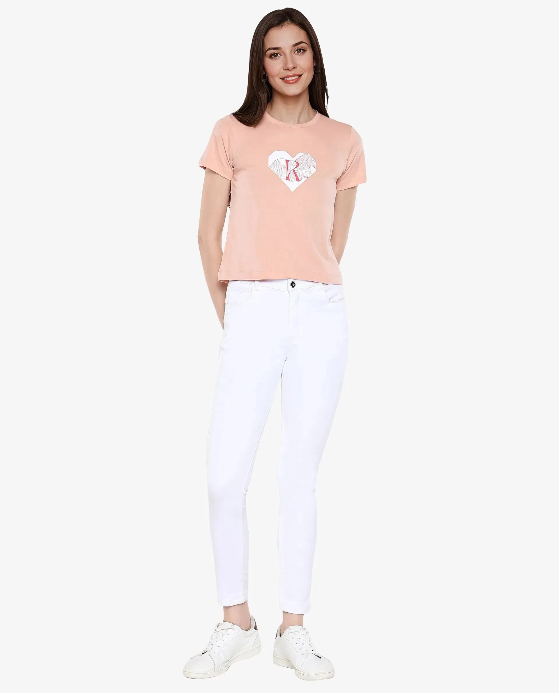 Rareism Women Lee Light Peach Cotton Poly Fabric Short Sleeve Crew Neck Solid T-Shirt