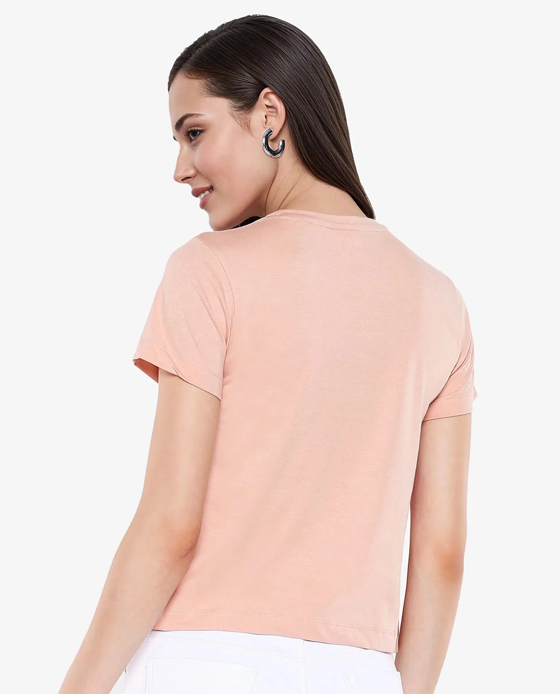 Rareism Women Lee Light Peach Cotton Poly Fabric Short Sleeve Crew Neck Solid T-Shirt