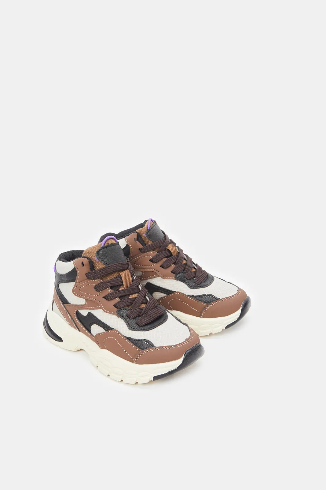 Senior Boys Brown And Beige Material Block Chunky Trainer