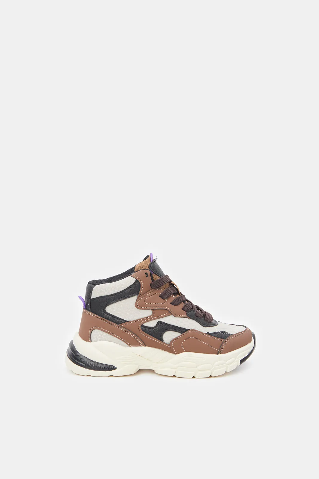 Senior Boys Brown And Beige Material Block Chunky Trainer