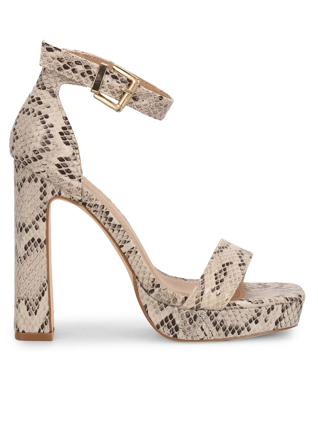 Snake Pattern Block Heel Buckled Sandals